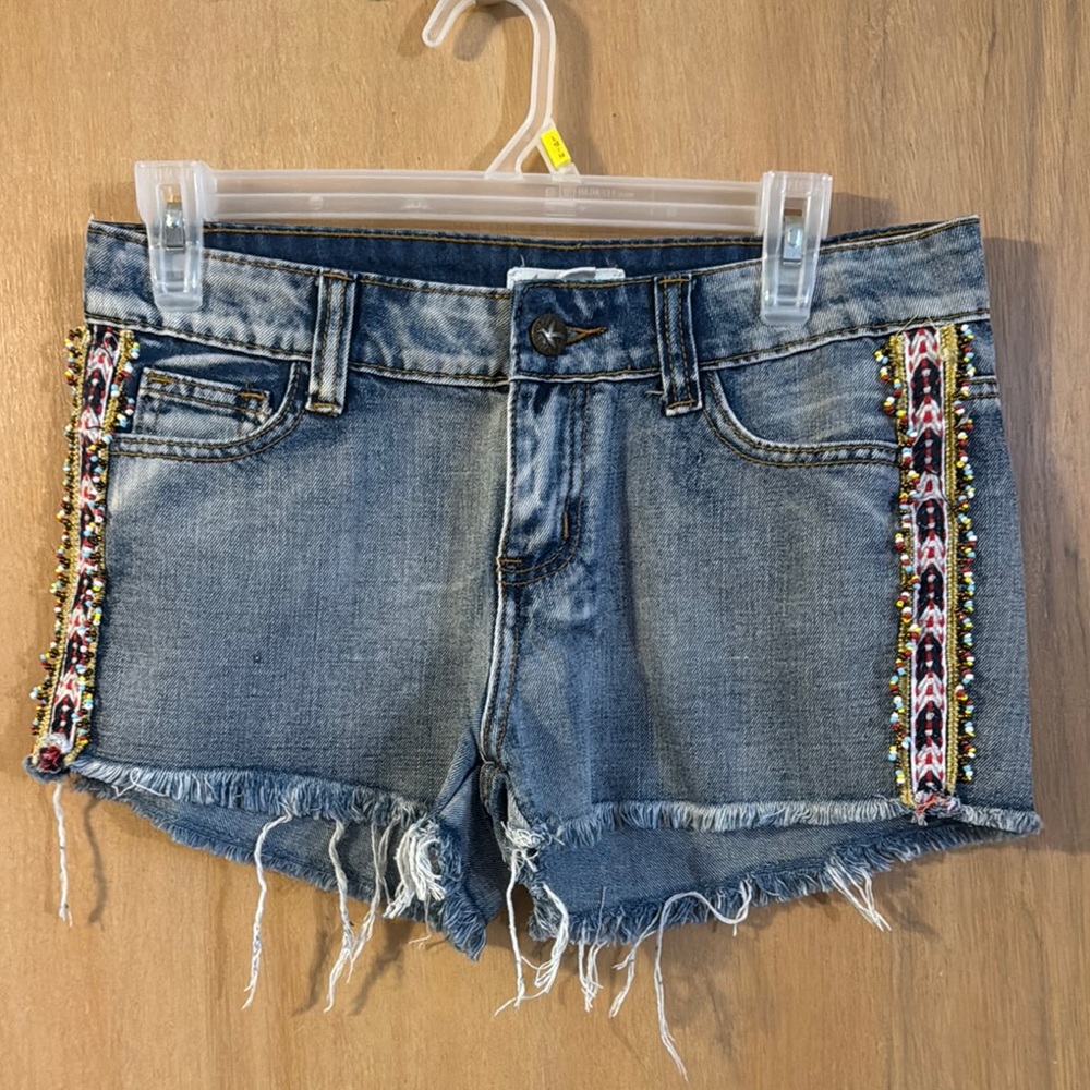 Others Follow Blue Jean Shorts with Beaded Accents
